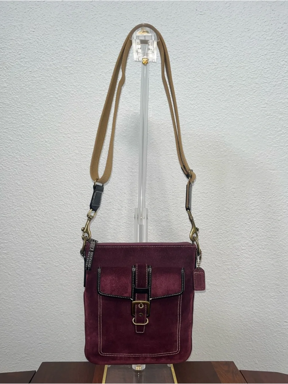 Coach Burgundy Suede Crossbody Bag with Black Trim & Gold Hardware